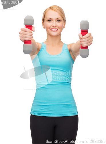 Image of young sporty woman with light dumbbells