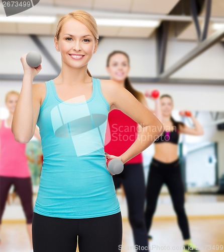 Image of young sporty woman with light dumbbells