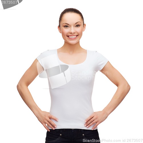 Image of smiling woman in blank white t-shirt