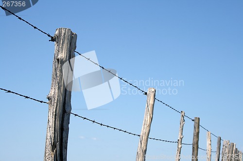 Image of Barbed wire farm fence against blue sky