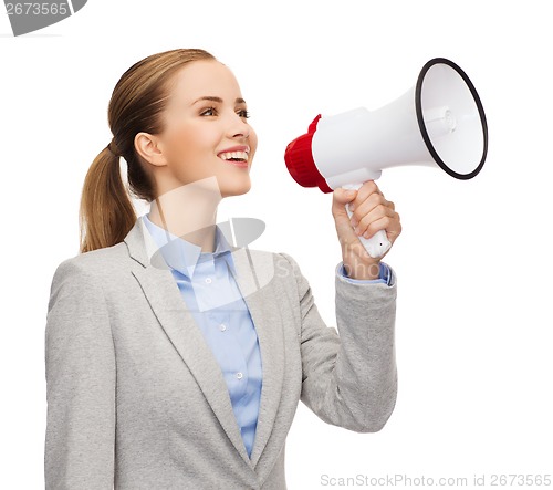 Image of smiling businesswoman with megaphone