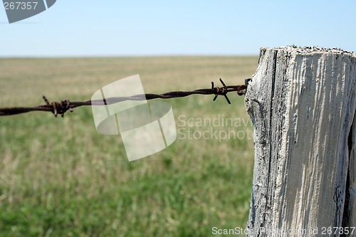 Image of Old wooden post and barbed wire