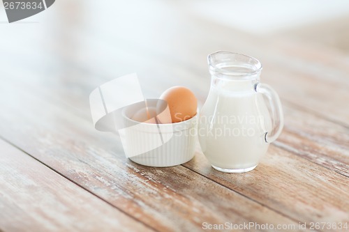 Image of close up of jugful of milk and eggs in a bowl