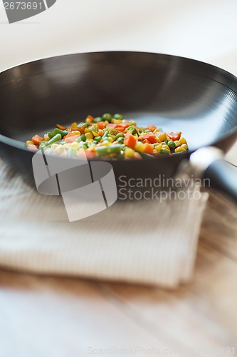 Image of close up of wok pan with vegetables