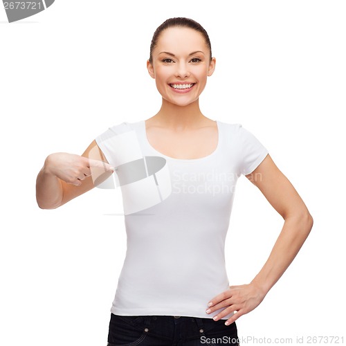 Image of smiling woman in blank white t-shirt