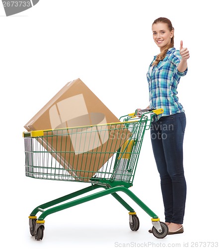 Image of smiling young woman with shopping cart