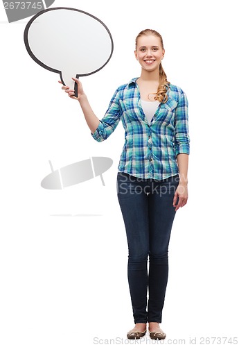 Image of smiling young woman with blank text bubble