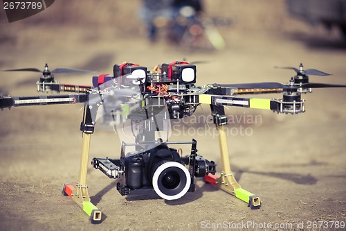 Image of Octocopter drone ready to takeoff