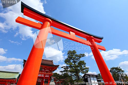 Image of Red torii in front of temple