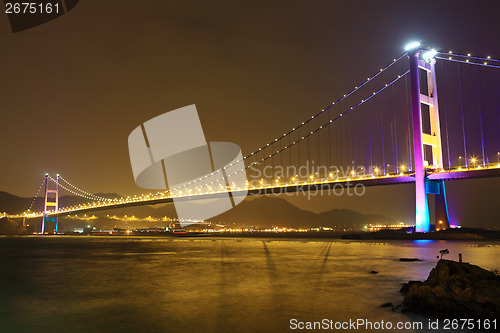 Image of Suspension bridge in Hong Kong at night