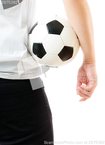 Image of Backward of businessman holding soccer ball