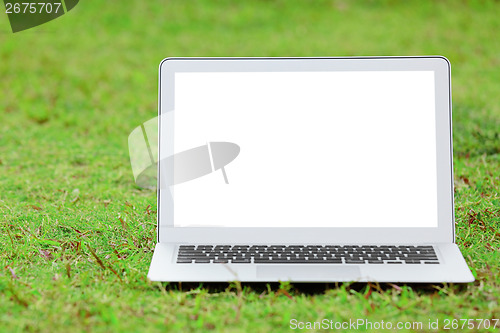 Image of Laptop with blank screen on green lawn