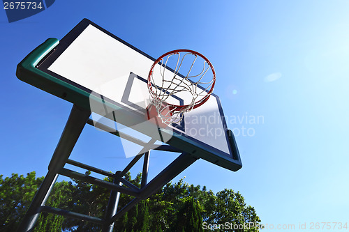 Image of Basketball hoop with clear blue sky