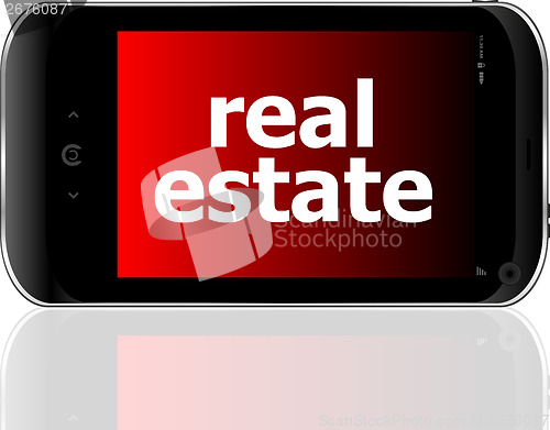 Image of digital smartphone with real estate words, business concept