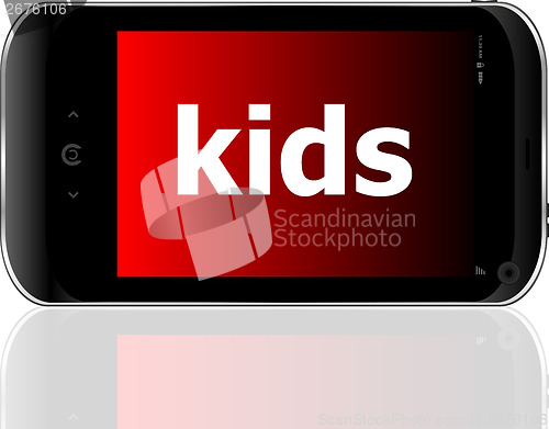 Image of smart phone with kids word, social concept