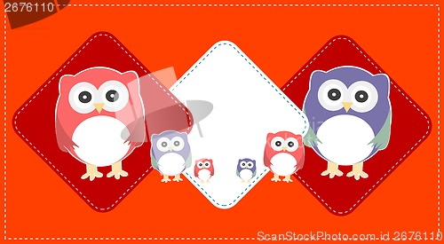 Image of cute owls couple with baby owl, owl family, baby card