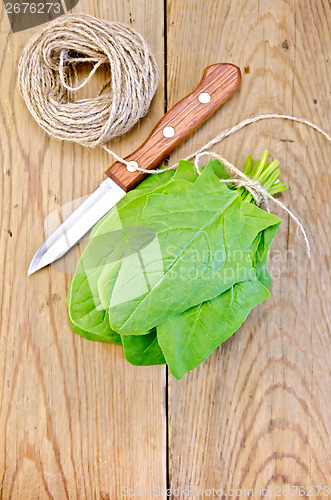 Image of Spinach on board with knife and twine