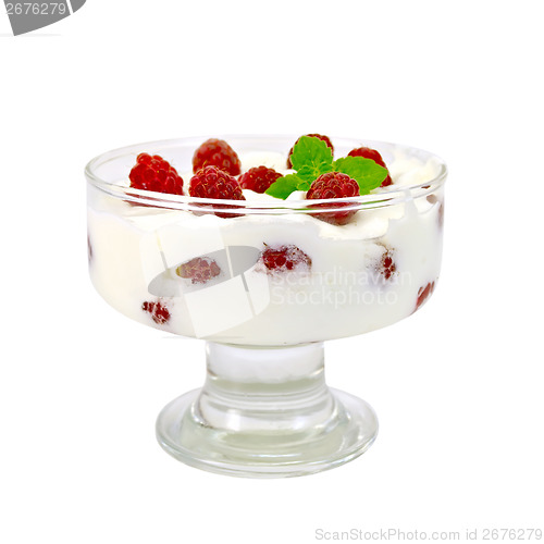 Image of Yogurt thick with raspberries in glass bowl