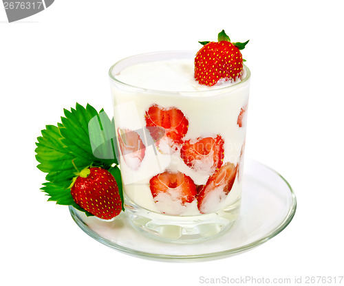 Image of Yogurt thick with strawberries in glass on saucer