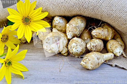 Image of Jerusalem artichokes with burlap and flowers on board