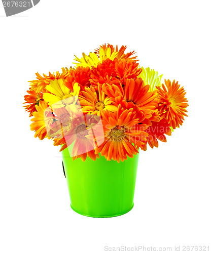 Image of Calendula yellow and orange bouquet in a bucket