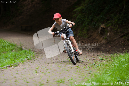 Image of Boy racing on bike through green park