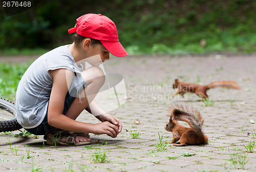 Image of Little boy and squirrels