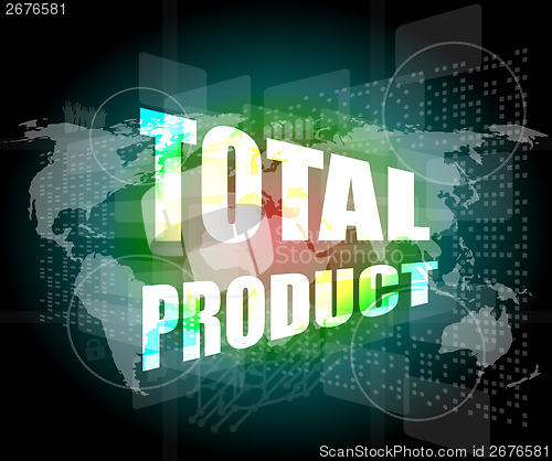 Image of total product words on digital screen background with world map