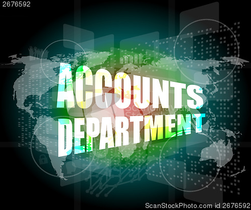 Image of accounts departments words on digital screen background with world map