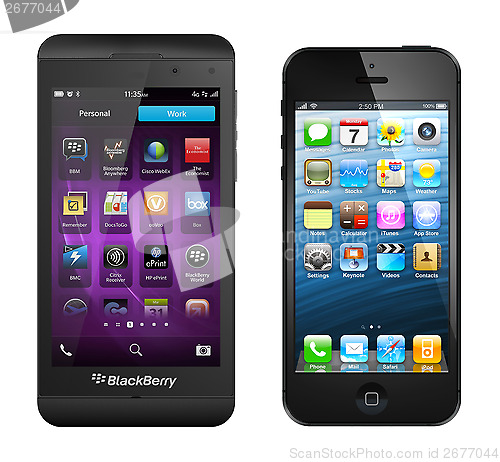 Image of BlackBerry Z10 and iPhone 5 with iSO