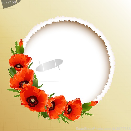 Image of Red poppies floral round frame, vector