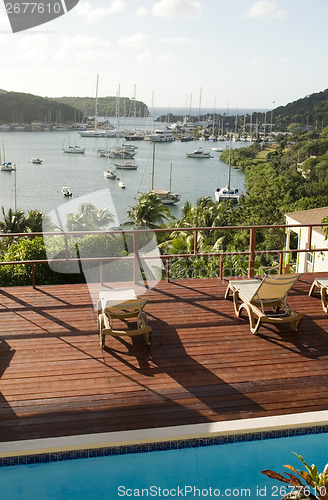 Image of view English Harbor Antigua island Caribbean Sea from deck with 