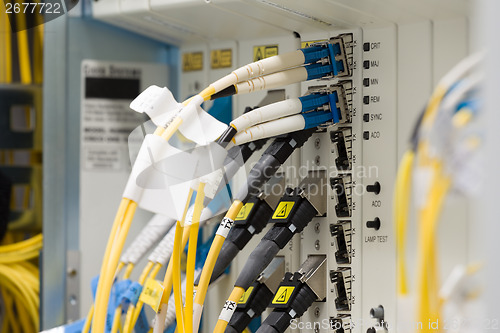 Image of fiber optic datacenter with media converters and optical cables 