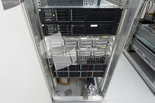 Image of servers stack with hard drives in a datacenter