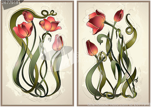 Image of Tulip flowers border. Greeting card with tulips. Colorful fresh 