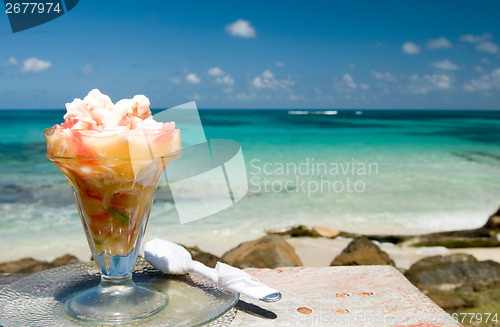 Image of fresh lobster ceviche seviche Caribbean sea background Big Corn 