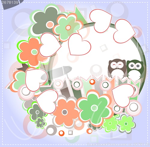 Image of Background with owl, love hearts and flowers. invitation card