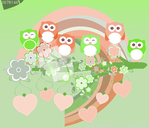 Image of owls birds and love heart tree branch