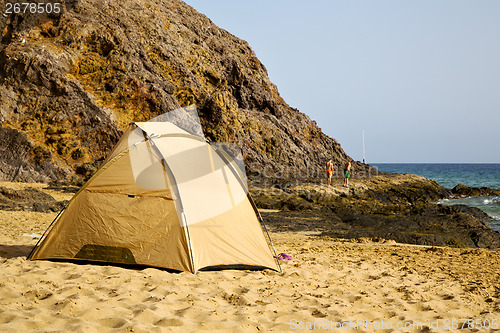 Image of tent coast lanzarote  in spain   yacht boat  and summer 