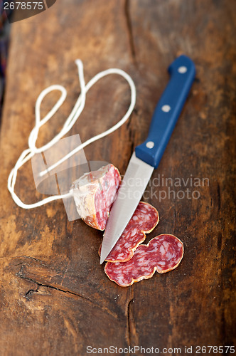 Image of italian salame pressato pressed slicing