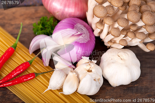 Image of Italian pasta and mushroom sauce ingredients