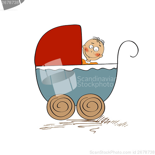 Image of baby boy in stroller isolated on white background