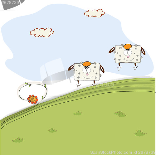Image of two cheerful sheep jumping on grass