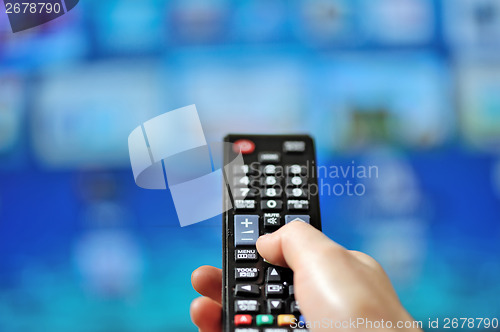 Image of Hand pointing tv remote control 