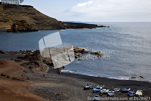 Image of boat stone  atlantic ocean sky  water lanzarote in el golfo  