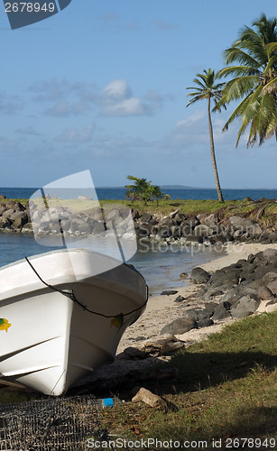 Image of panga native boats on shore North End Big Corn Island Nicaragua 