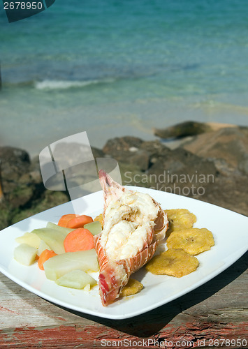 Image of fresh Caribbean lobster tails cooked garlic and butter with loca