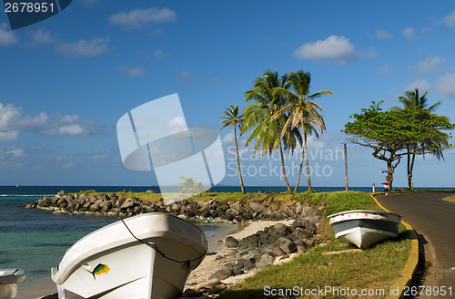 Image of panga native boats on shore North End Big Corn Island Nicaragua 