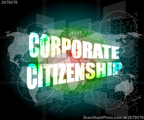 Image of corporate citizenship words on digital screen with world map