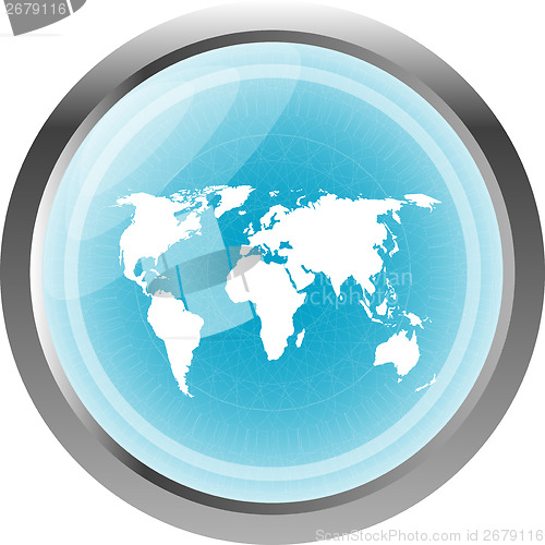 Image of blue button with world map isolated on white